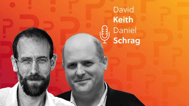 Daniel Schrag and David Keith headshots over an orange background