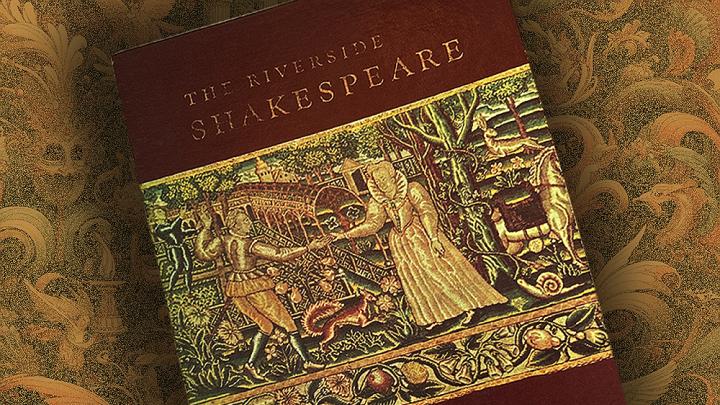Book cover for The Riverside Shakespeare with ornate and decorative background