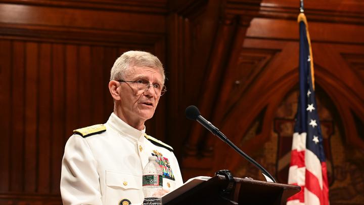 Vice Admiral Philip Cullom addresses audience at Sanders Theater