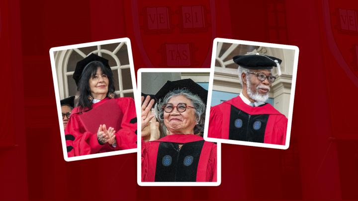 Honorary degree recipients Joy Harjo, Jennie Chin Hansen, and Sylvester James Gates Jr.