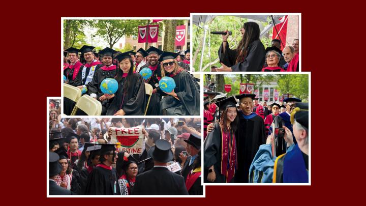 Commencement photos: Kennedy Schoolers ready to rule the world; Isabella E. Peña ’24 belts out the national anthem; a professor-student pose; ; pro-Palestinian protestors preparing to walk out