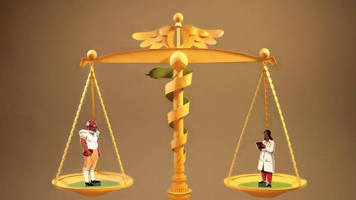 Illustration depicting a balance scale with a football player on one side and a doctor on the other.