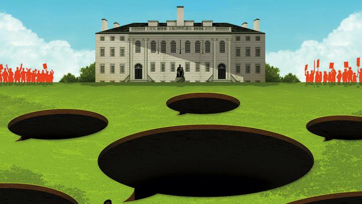 illustration of a man with backpack approaching a open green lawn with holes in the lawn shaped as thought bubbles with University Hall in the distance the the silhouette of protesters on either side of the building