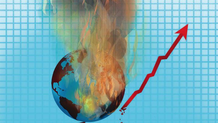  An illustration of a burning Earth breaking a rising red line graph, symbolizing the impact of climate change.