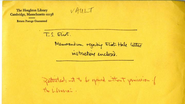 An official Houghton envelope with the words: "Memorandum regarding Eliot Hale letters, instructions enclosed."