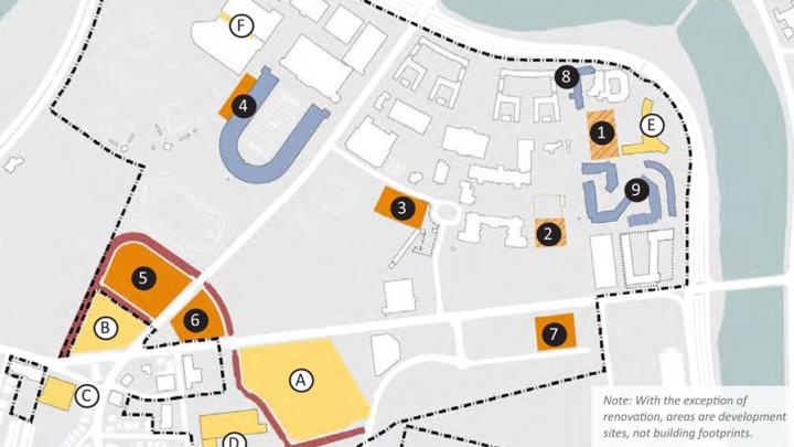 Orange and blue blocks are projects authorized by the Institutional Master Plan. Yellow blocks, previously approved, include the science center (the large quadrilateral).