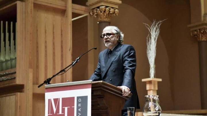 Homi Bhaba, conference organizer and director of the Mahindra Humanities Center, led off the symposium at the First Church in Cambridge on February 12.