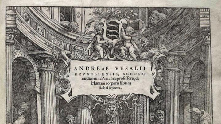 The title page of Andreas Vesalius's renowned anatomy textbook depicts a public dissection.