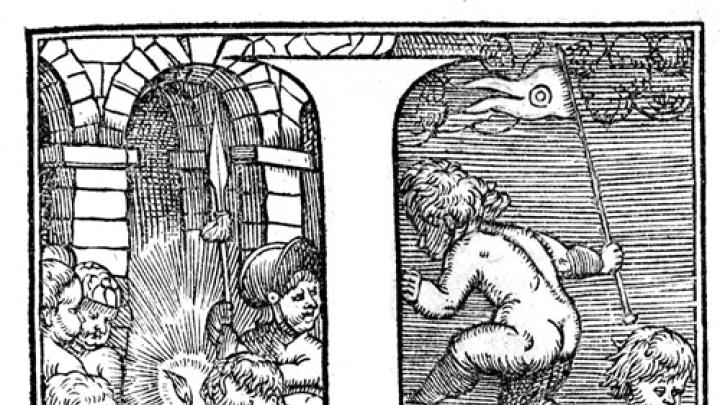 Historiated capital letters in Vesalius's textbook depict anatomical practices, some rather illicit, with cherubic putti as medical students. Here, they rob a grave to obtain a body for dissection.
