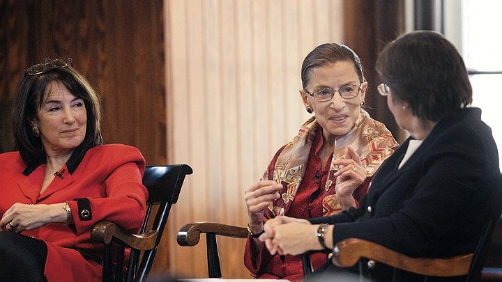 U.S. district judge Nancy Gertner (left) listens as Linda Greenhouse ’68, formerly the Supreme Court reporter for the <em>New York Times,</em> questions Supreme Court Justice Ruth Bader Ginsburg.