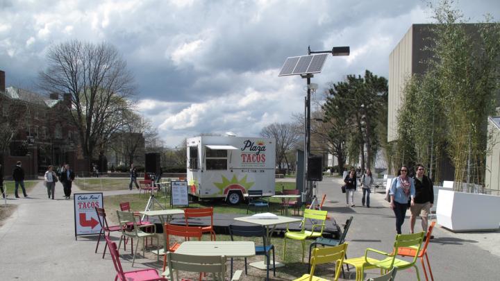 10. Harbingers of things to come: the seasonal casual seating, a food truck, and the temporary planters in front of the Science Center, as of last April