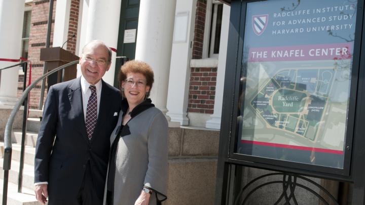 Sidney R. Knafel ’52, M.B.A. ’54, and Dean Lizabeth Cohen at the Knafel Center at the Radcliffe Institute
