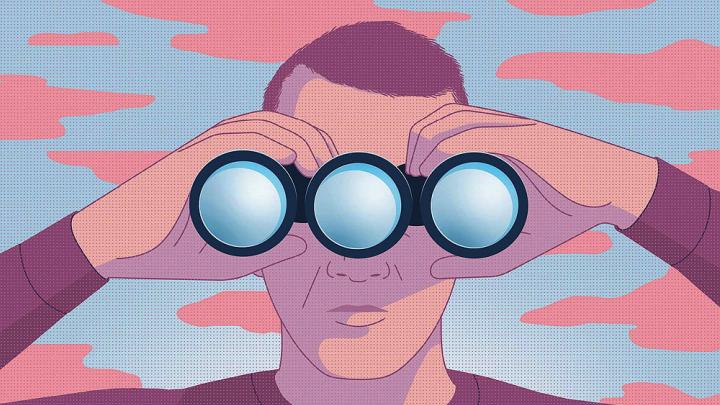 Illustration of a man looking through a pair of binoculars with three, not two, objective lenses