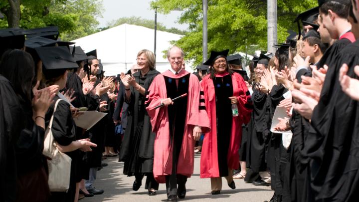 President Drew Faust; James Wilkinson, senior associate and former director of the Bok Center for Teaching and Learning, and chief marshal of the Alpha Iota Chapter of Phi Beta Kappa; and Harvard College Dean Evelynn M. Hammonds lead the Phi Beta Kappa procession.