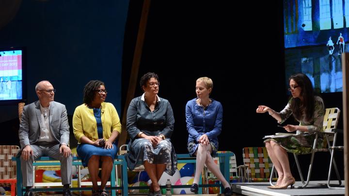 Artists Mark Robbins, Beverly McIver, Elizabeth Alexander, and Augusta Read Thomas, with moderator Diane Paulus, onstage at the Loeb Drama Center