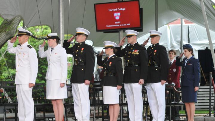 The Harvard ROTC class of 2014 (from the left): imminent officers Christopher J. Curtis, Catherine M. Philbin, James S. Brooks, Catherine A. Brown, Taylor B. Evans, Peter Machtiger, and Madison Coveno