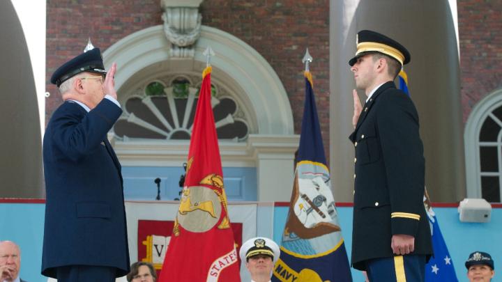Lieutenant Colonel John Paul Clarke ’67 administered the oath of office to his son, new Second Lieutenant James Clarke.