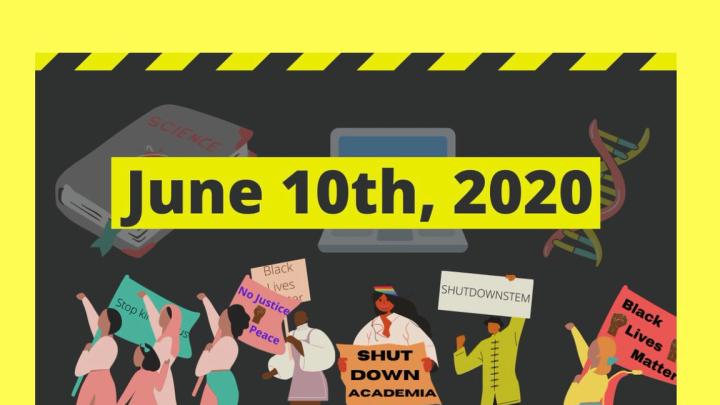 An illustrated poster for the June 10, 2020 #ShutDownStem academic strike for Black Lives Matter, showing people of different races, genders, and abilities organizing for racial justice