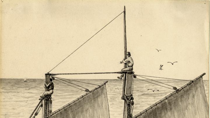 Six of Blake's drawings chronicle the 1864 capture of a right whale near Provincetown; the whale's skeleton now hangs from the ceiling of the Museum of Natural History. These drawings were once mounted on the wall below it. From the accompanying text: “‘There She Blows.’ The whale is sighted from the masthead by two lads of the schooner's crew.”