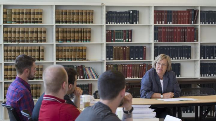 President Drew Faust addresses the 14 veterans who participated in the Warrior-Scholar Project at Harvard. The week-long pilot program, which involved democracy-themed seminars as well as reading and writing workshops, ran from July 6 to July 12.