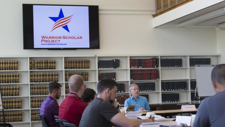 Kenan professor of government Harvey Mansfield discusses Alexis de Tocqueville’s <i>Democracy in America</i> with the veterans. The WSP’s mission is to facilitate veterans’ transition into full-time students by helping them develop necessary academic skills while engaging with themes that speak to their experiences.