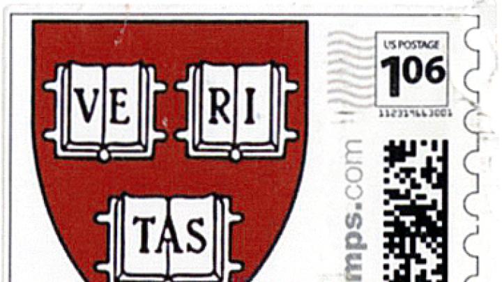The formal invitations, sent by mail, were jazzed up with custom Harvard shield postage stamps.