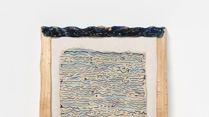 A framed drawing titled Accompanied: Two Views of the Sea, 2017-2020, by Marilyn Pappas and Jill Slosburg-Ackerman.