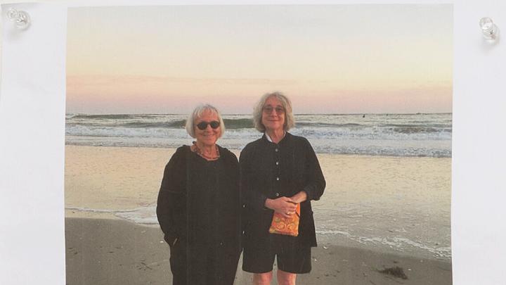 Marilyn Pappas and Jill Slosburg-Ackerman on the beach as older women.