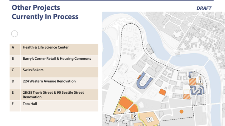 The new outline does not include the Health and Life Sciences Center, slated for groundbreaking in 2014, nor the Barry’s Corner Housing/Retail Commons slated for groundbreaking in 2013 with plans to open the following year—both were approved under the previous IMP.