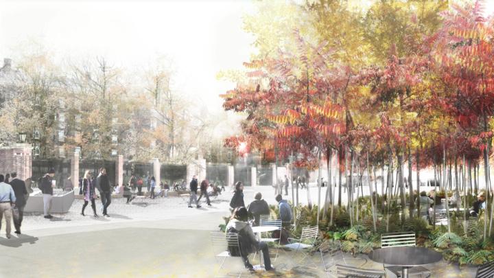 4. A rendering of the seating along the newly planted façade of the Science Center, part of the plaza's landscape design