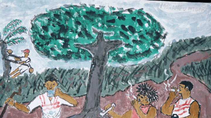A painting by another former child soldier, showing Revolutionary United Front (RUF) rebels using drugs and alcohol
