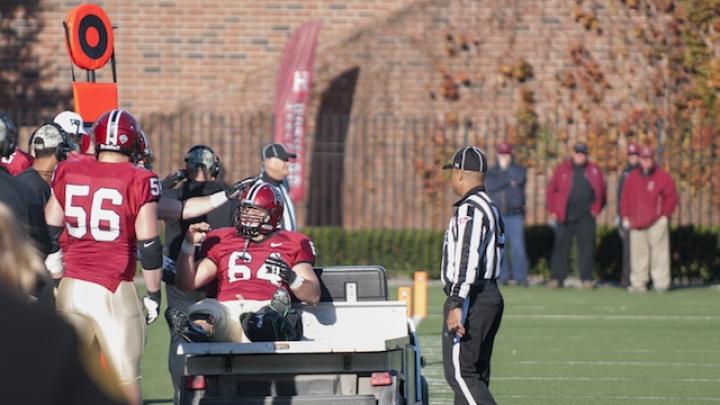 Senior David Leopard, the team’s only center with varsity-level experience, gave a thumbs-up sign as he left the field with a broken ankle late in the third period of the Princeton game. He was replaced at center by guard Nick Easton, who had never played the position.