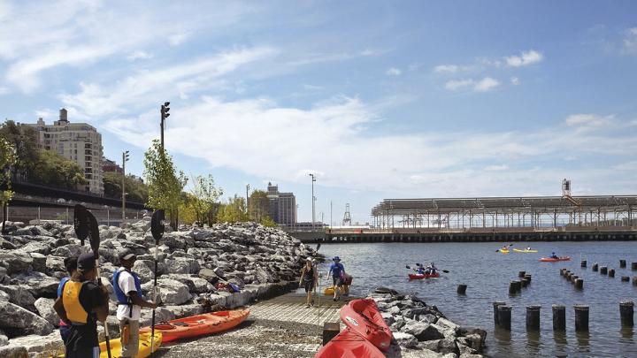 On Pier 1: the view south to Pier 2, with boat ramp and sports courts