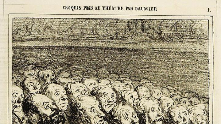 <i>The Audience in the Orchestra Seats,</i> 1864, lithograph by Honor&eacute;-Victorin Daumier. Harvard Theatre Collection 