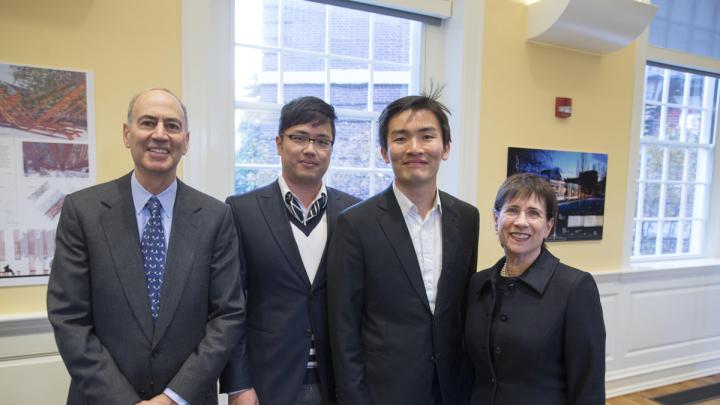 Kenneth L. Wallach and Susan S. Wallach with GSD students Keojin Jin (left) and Juhun Lee, who created <i>Saturate the Moment,</i> the inaugural installation for the garden now named for the Wallachs