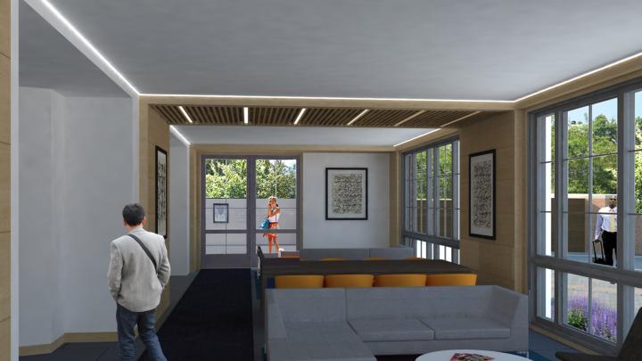 A rendering of a common space in the new building