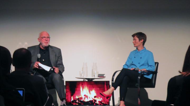 A file photograph of M.Des. program director and Noyes professor in architectural theory K. Michael Hays sitting with Design School dean Sarah Whiting