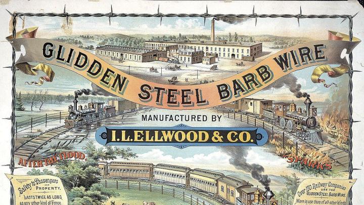 The I.L. Ellwood Company used gleaming locomotives to highlight the advantages of its "barb wire" fencing.