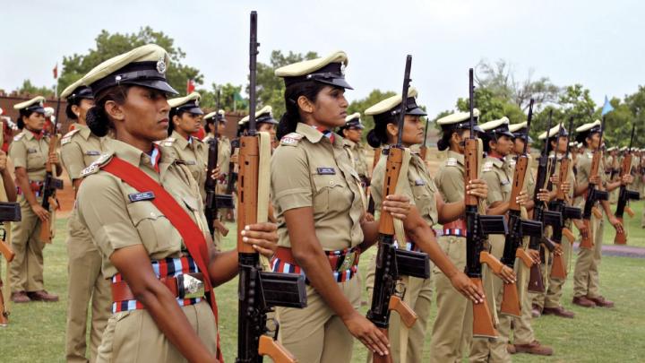 Women police officers, Gujarat Police Academy, June 2014; the chief minister announced a 33 percent reservation for women in the state police force.
