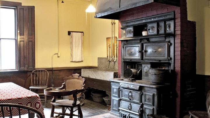 Cooking in the house ended in the mid 1930s; the kitchen, with its soapstone sink and 1884 cast-iron oven, manufactured by Smith &amp; Anthony Stove Co., Boston, is especially well preserved.
