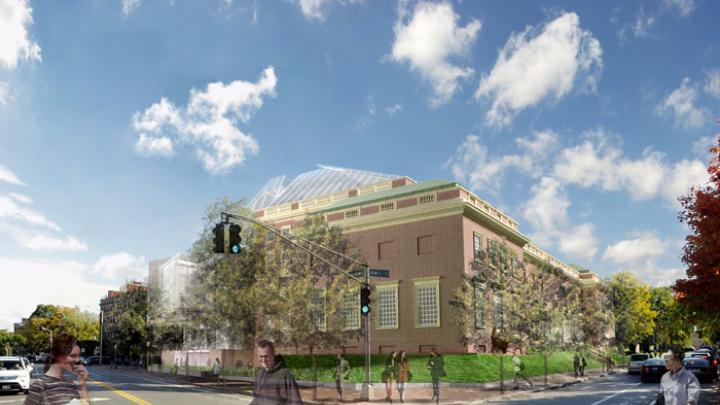 This rendering, from Broadway and Quincy Street, shows the renovated Fogg building with its glass rooftop.