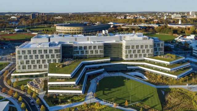 An aerial view (taken by a drone) of the south side of Harvard’s new science and engineering complex, in a perspective looking northwest toward the stadium